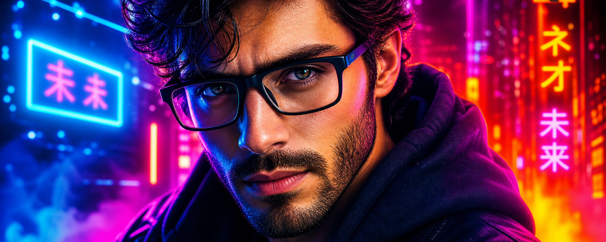 Man in rectangular designer eyeglasses, neon city backdrop