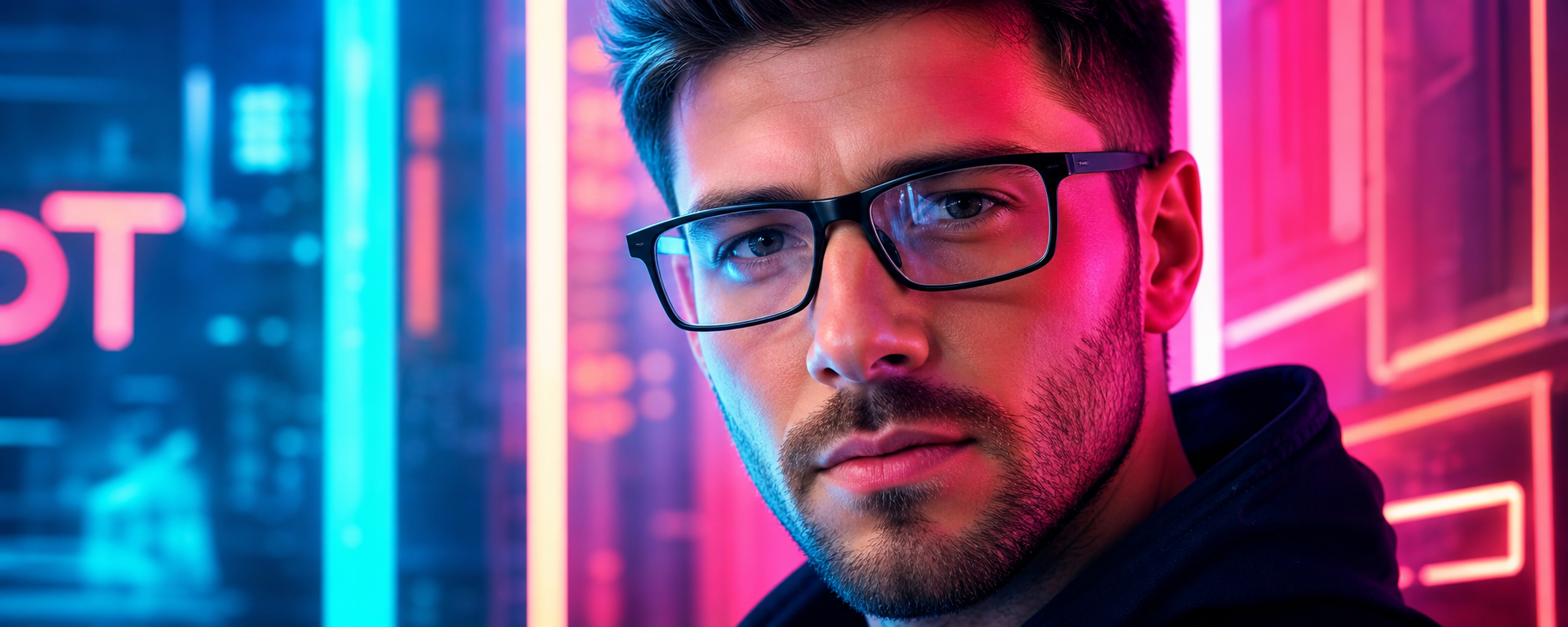 Man wearing black rectangular eyeglasses in pink and blue neon