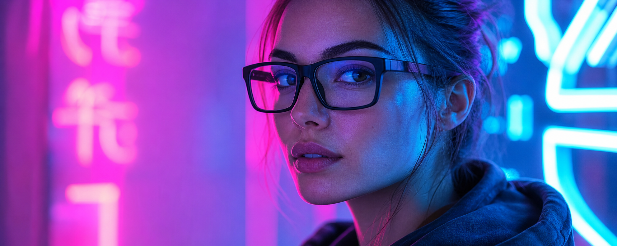 Woman wearing rectangular eyeglasses in blue and pink neon