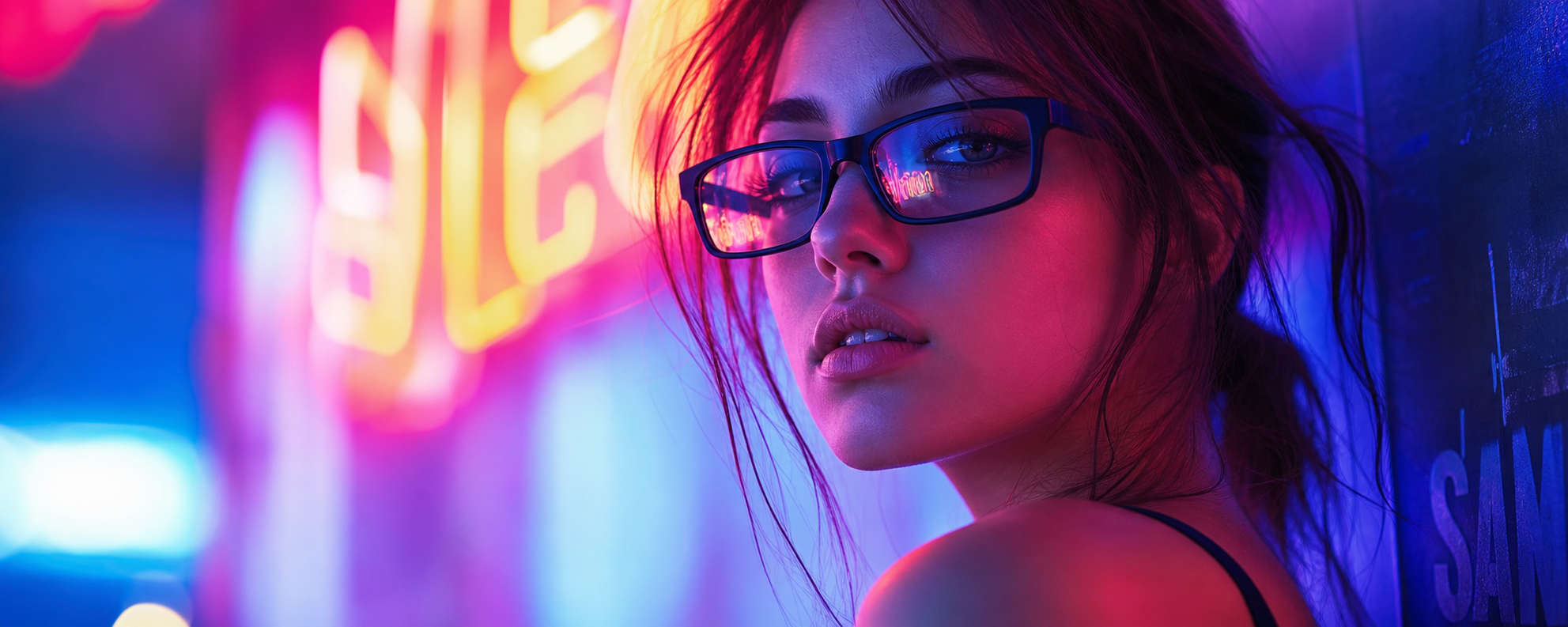 Woman wearing modern black eyeglasses in neon night light