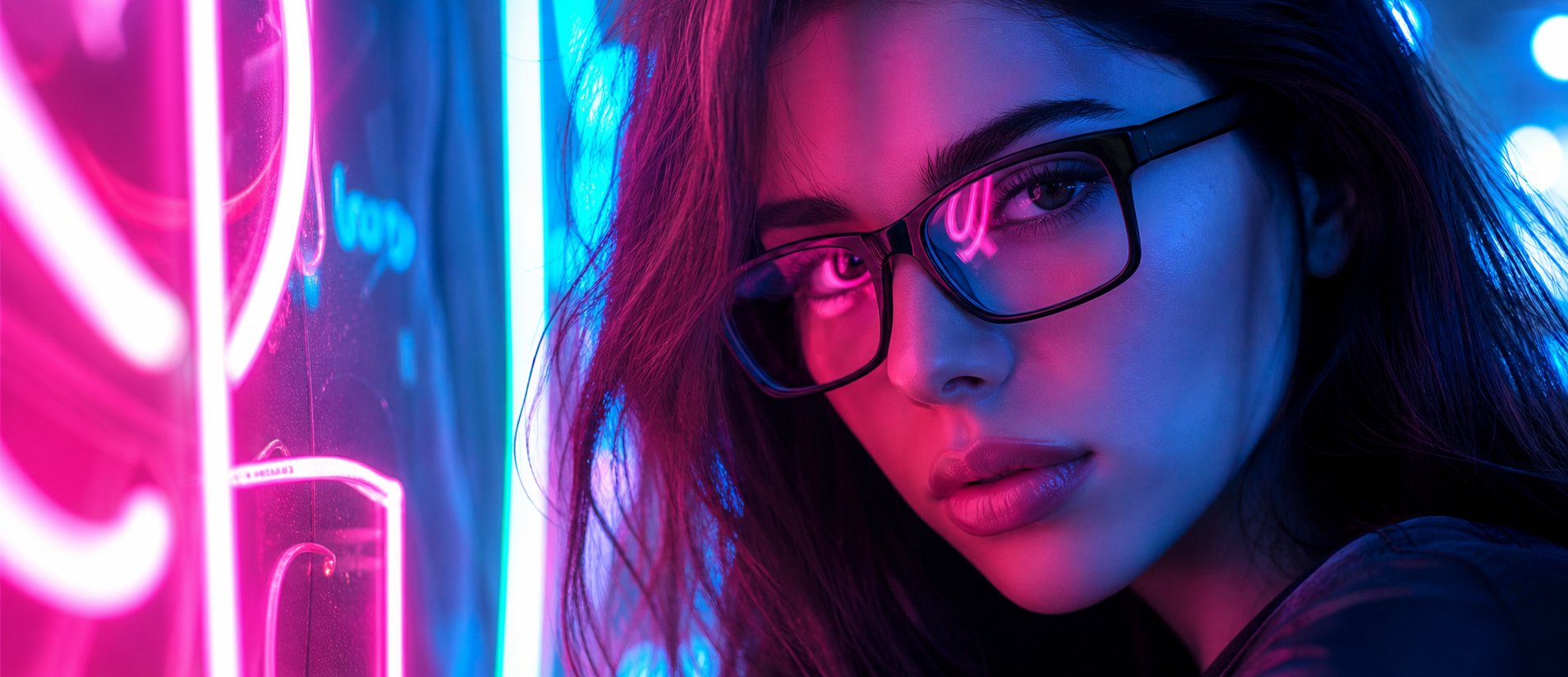 Woman in designer frames with neon reflections