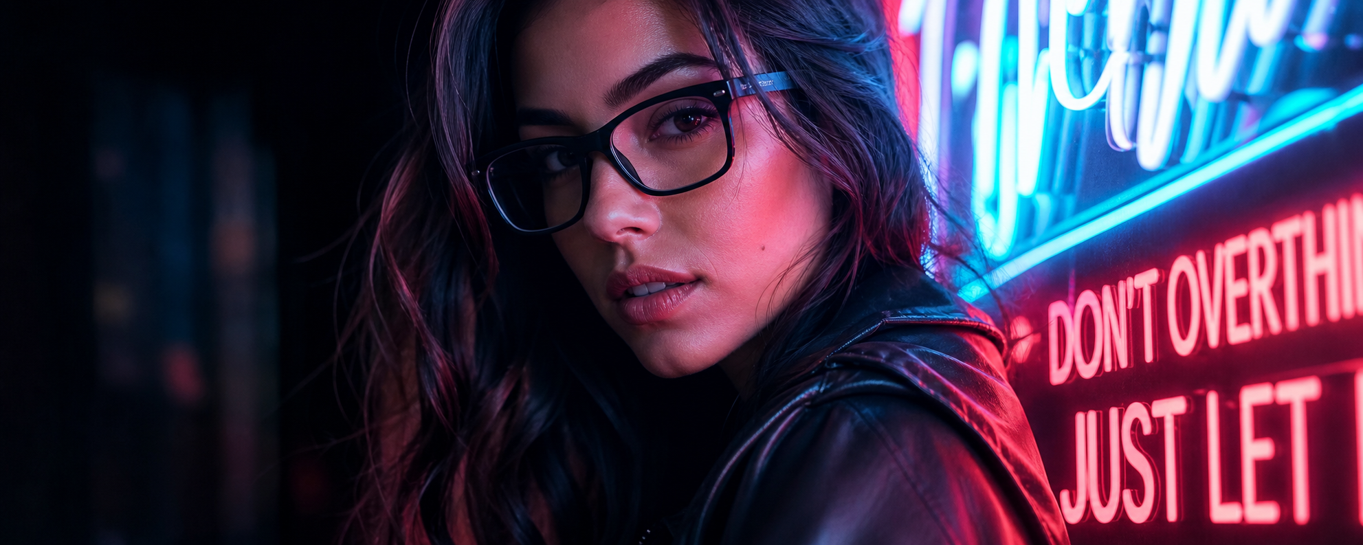 Woman in stylish eyeglasses against neon city glow