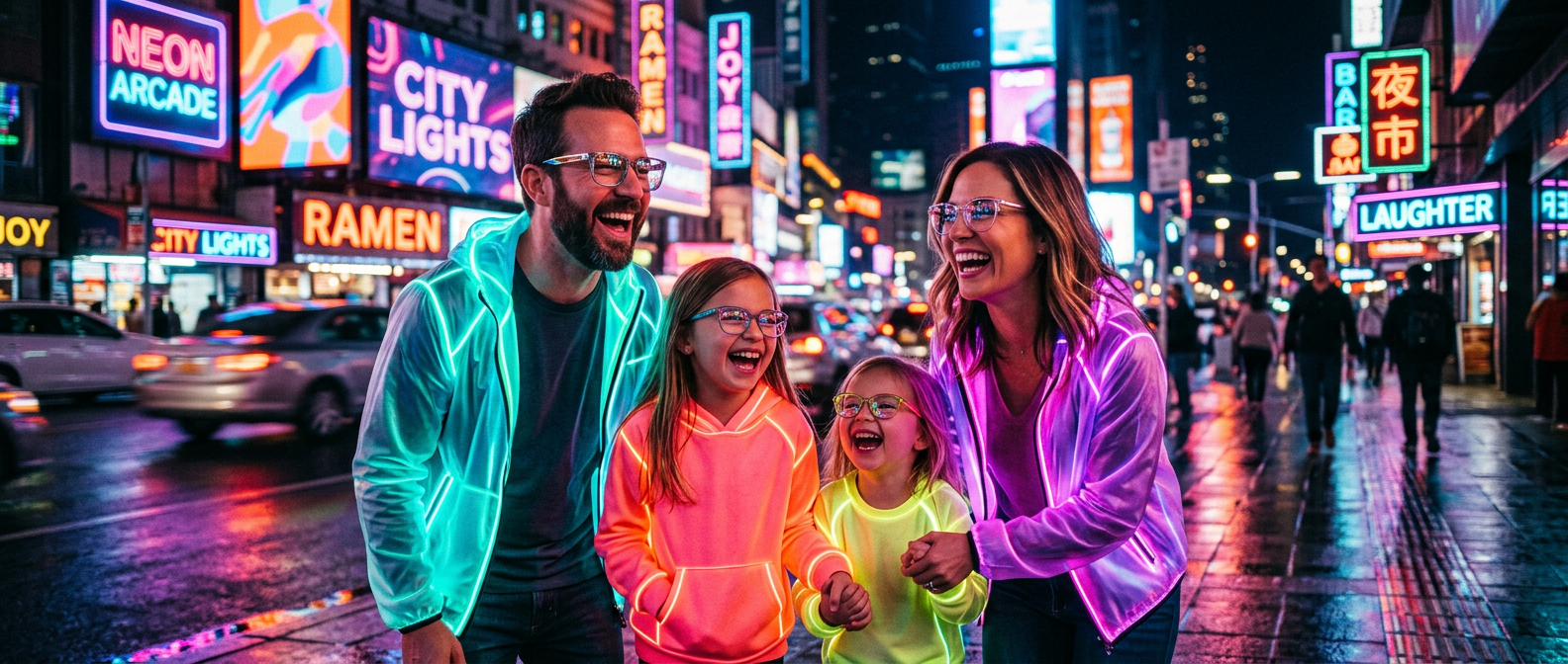 Family laughing together in eyeglasses